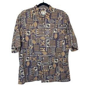 Reyn Spooner Mens L Leaf‎  Polka Dot Print Brown Shirt Cotton Button Up FLAW